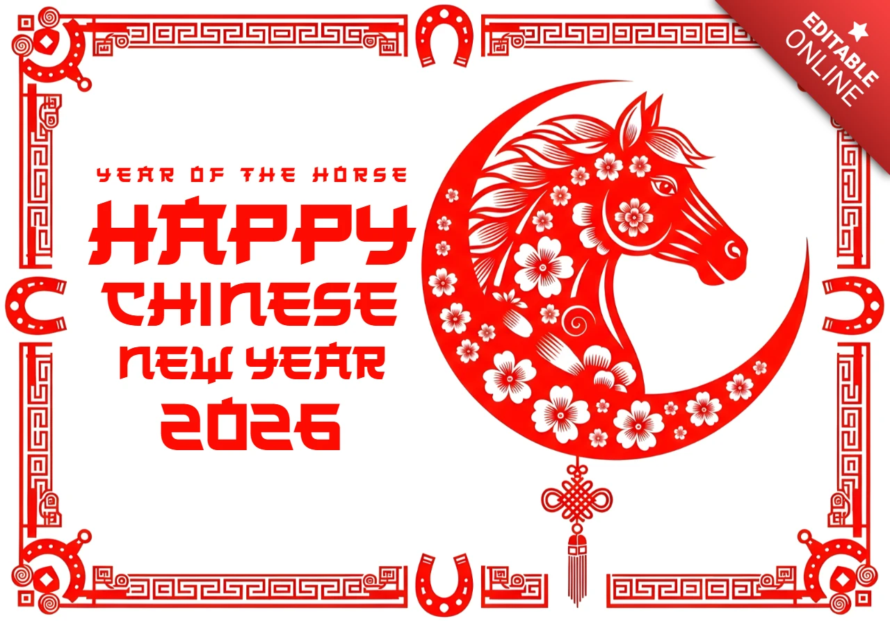 Template di design per le carte di auguri festive del capodanno cinese con cavallo