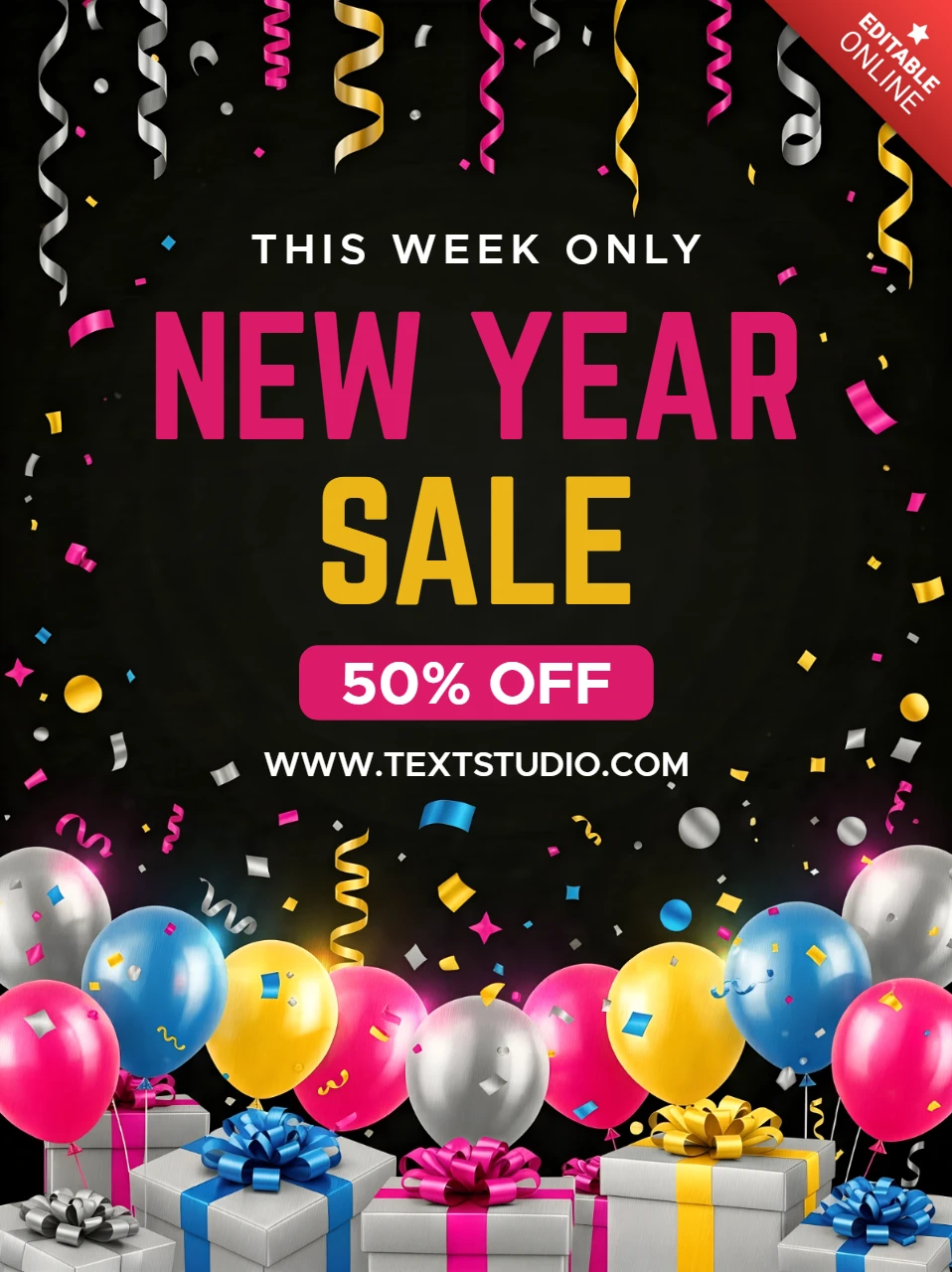 Neujahrsverkaufs-Promotion-Vorlage mit bunten Ballons und Konfetti-Design für Flyer