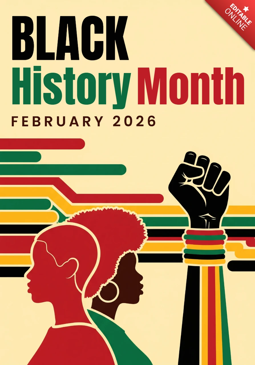 Affiche décorative du mois de l'histoire des Noirs 2026 avec silhouette afro, boucles d'oreilles créoles, poing levé et couleurs panafricaines rendant hommage au patrimoine.