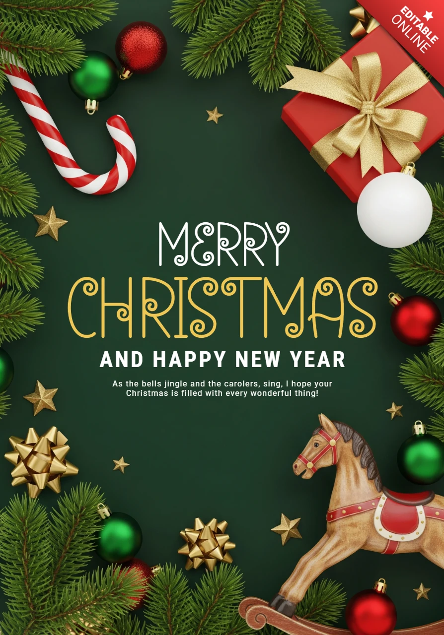 赤と金のオーナメント、ギフトボックス、伝統的なクリスマスの装飾が特徴の祝祭のホリデーカード