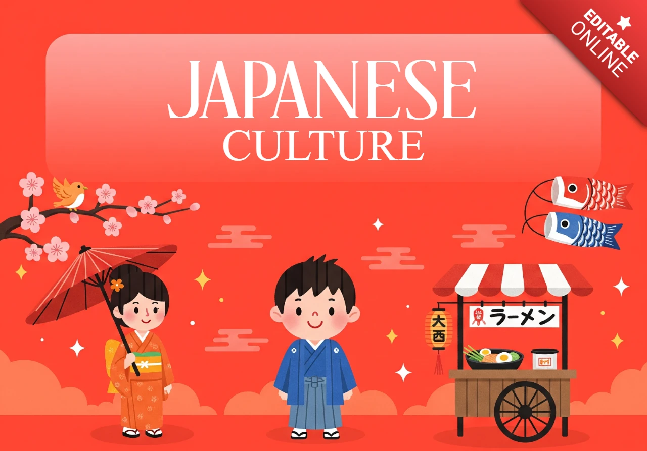 Japanse cultuur poster traditionele kimono personages, ramenkar en kersenbloesems op een rode achtergrond