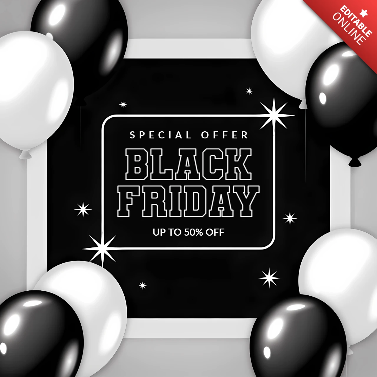 Modelo de design de venda da Black Friday com balões para folhetos promocionais