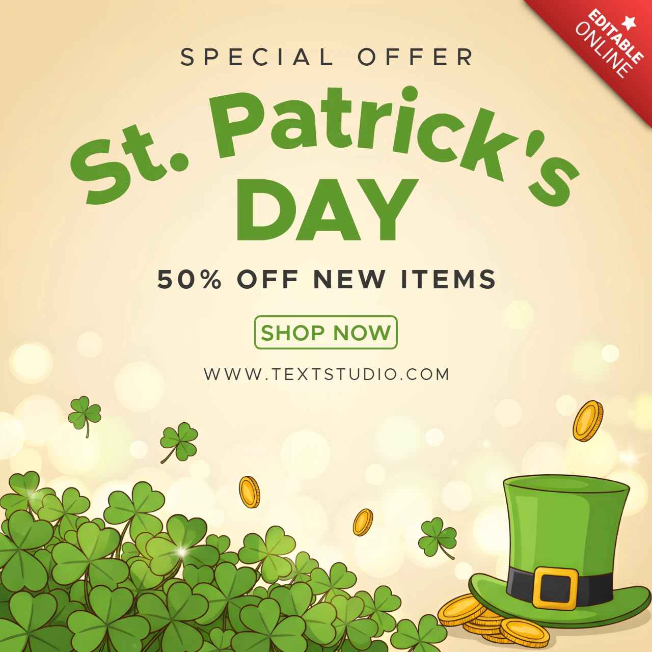 Plakatdesign-Vorlage für den St. Patrick's Day-Verkauf mit Kleeblättern, Goldtopf und Werbebanner