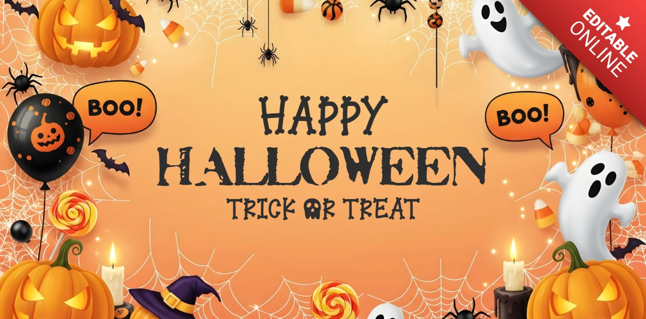 Happy Halloween Glowing Jack-o'-Lanterns, Boo Balloons & Witch Hat Charm YouTube Cover Design Template