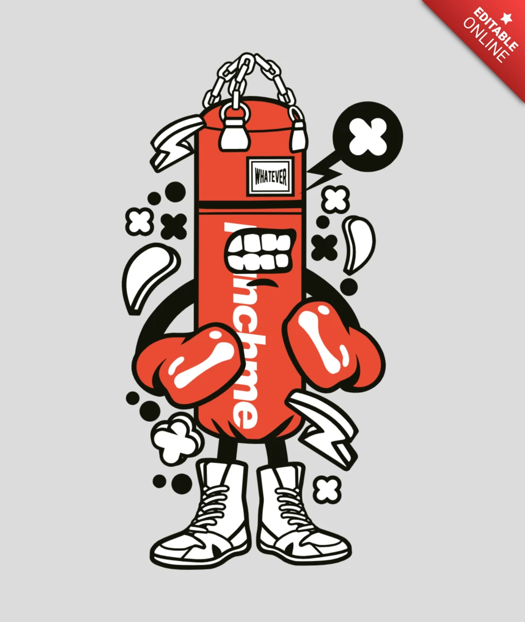 Punch bag boxeador personaje de dibujos animados plantilla de diseño de camiseta