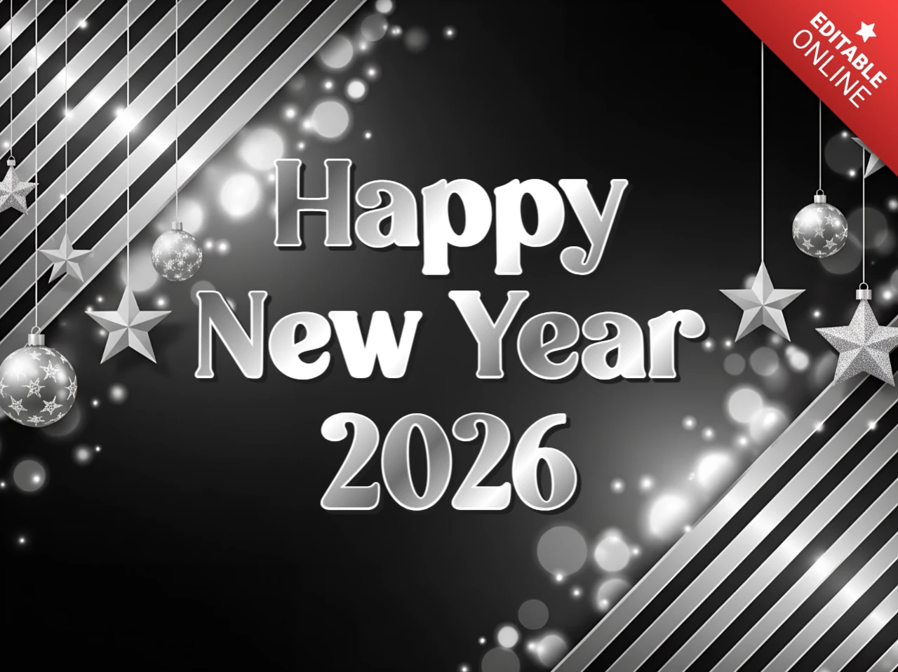 Elegant New Year 2026 Greeting Card Design Template with Silver Stars and Stripes
