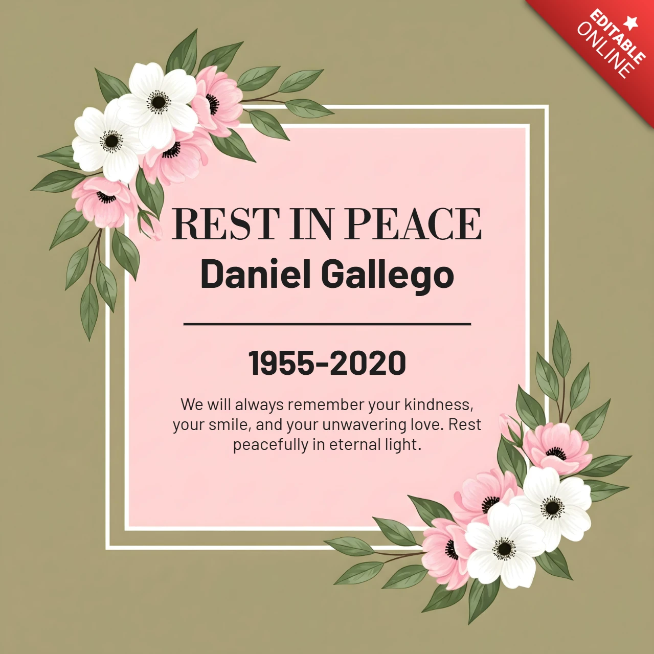 Affiche commémorative carrée rose hommage avec des fleurs blanches et roses, design de souvenir repos en paix.