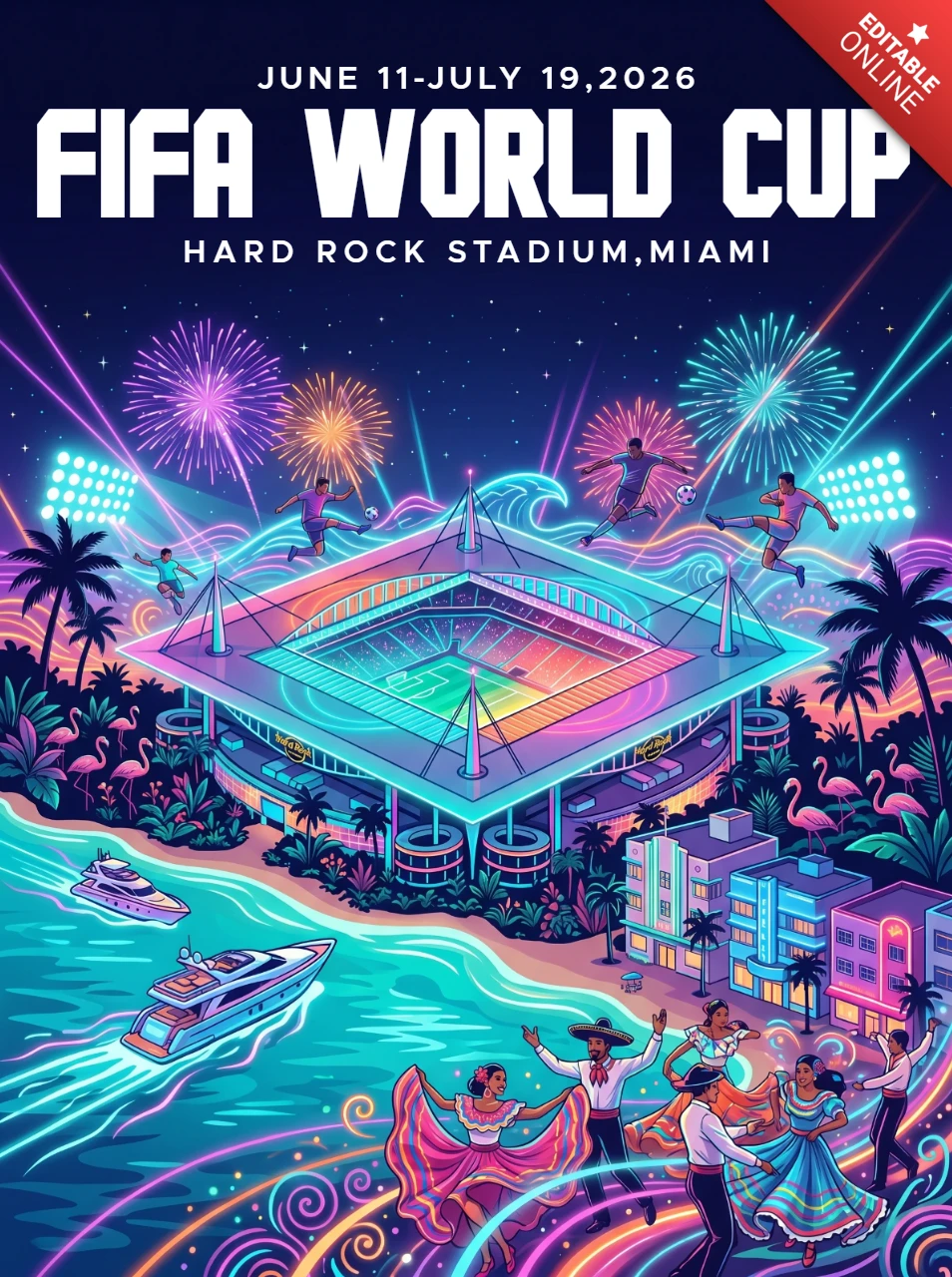 Постер города-организатора Майами чемпионата мира по футболу FIFA 2026, подчеркивающий стадион Хард Рок, тропическую атмосферу, фейерверки, пальмы, лодки и праздничное торжество.