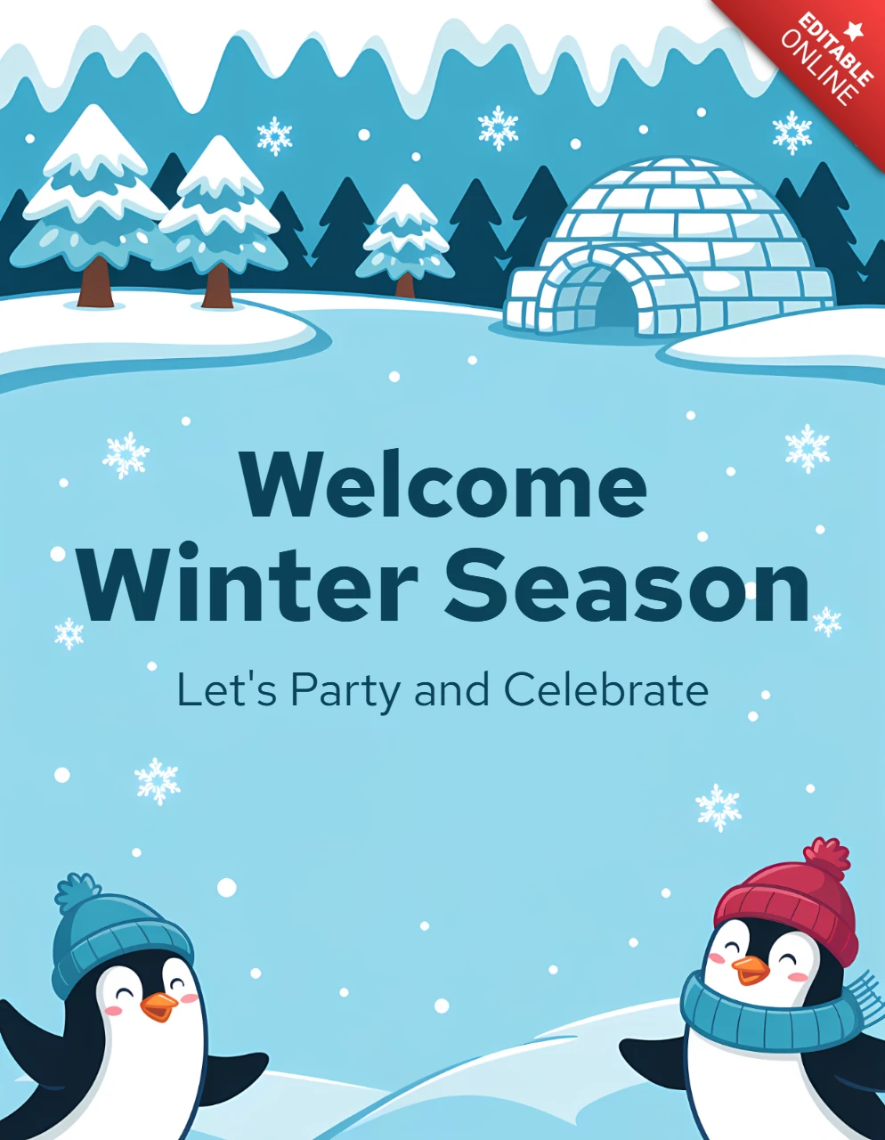 Winter Season Celebration Template with Cute Penguins Design for Party Invitations