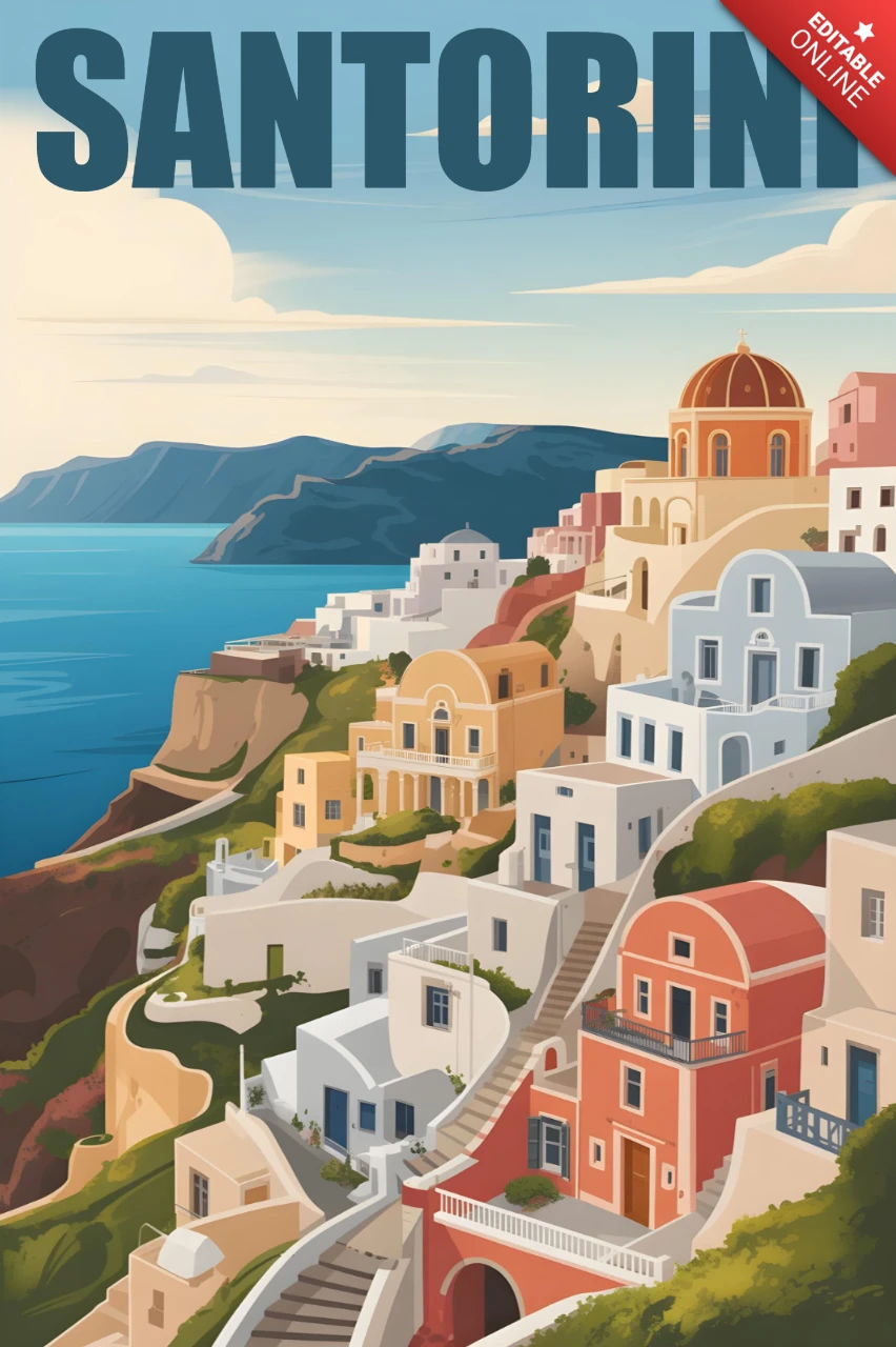 Cliffside Architecture with Colorful Domes and Aegean Sea View Santorini Travel Posters Design Template