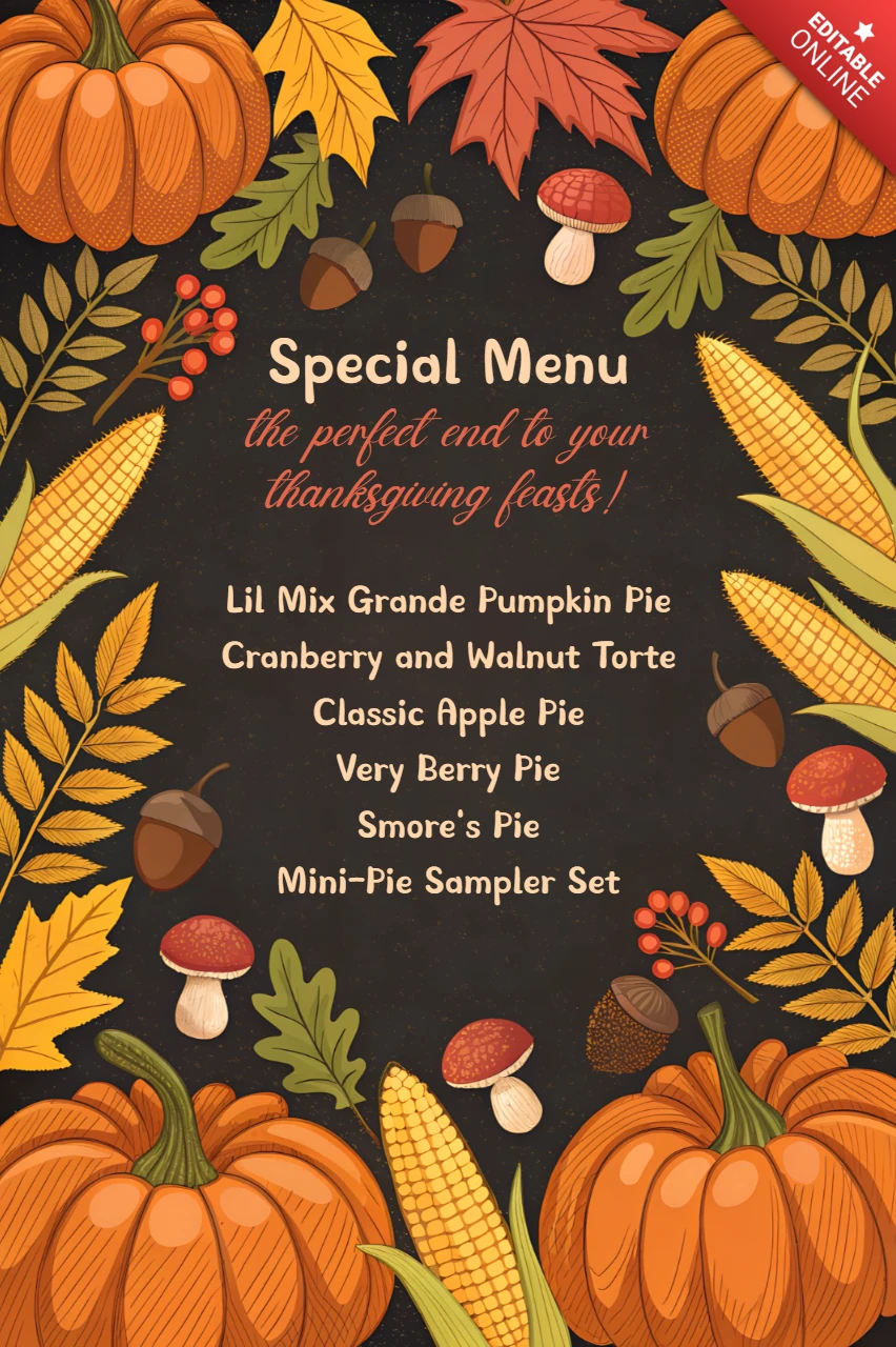 Herfst oogstmenu sjabloon met pompoenen en bladeren voor dankfeest vieringen