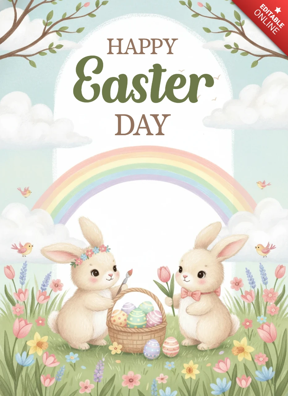 Pôster de Páscoa arco-íris com coelhos, ovos e flores de primavera – feliz celebração de Páscoa