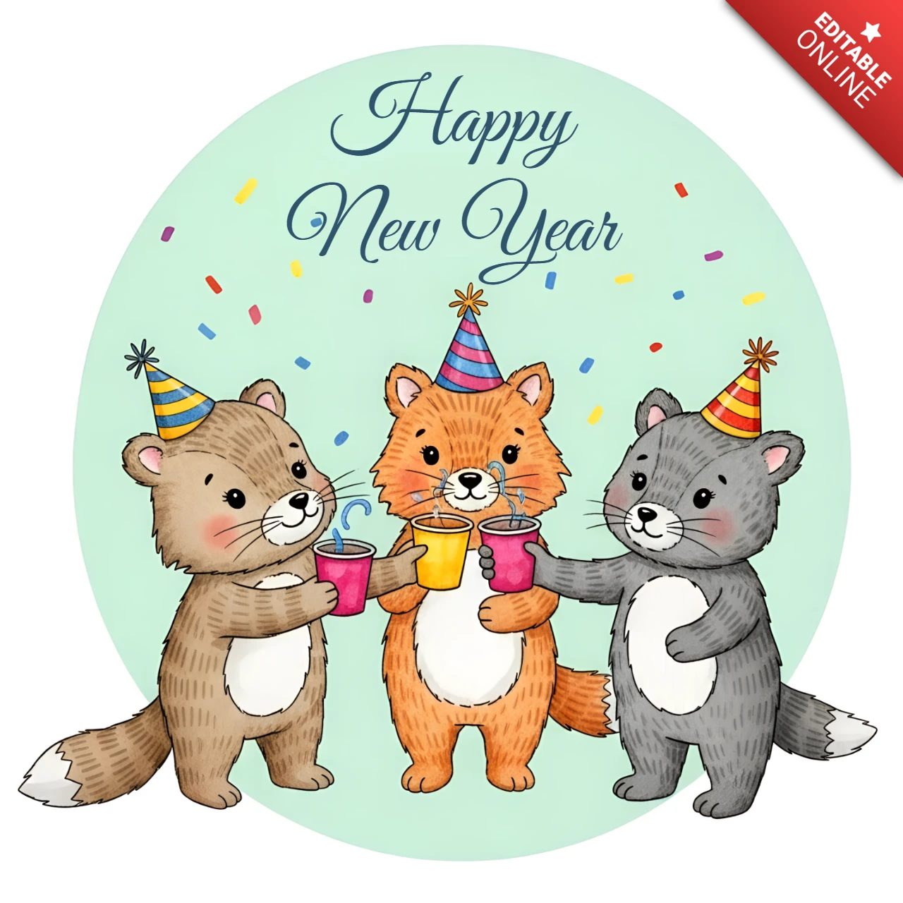 Speelse dierenfeestontwerp sjabloon voor nieuwjaarsgroetkaart