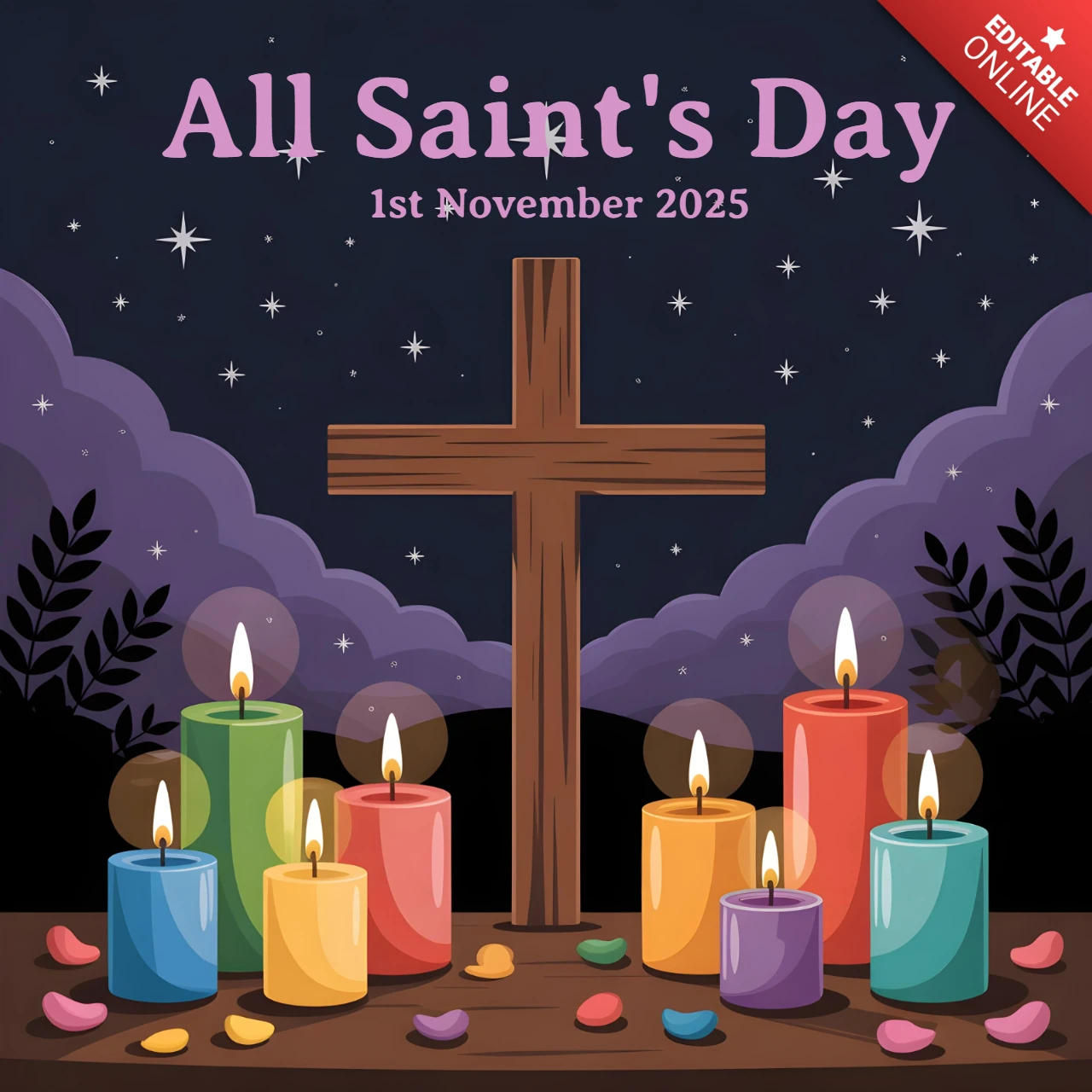 Christian Holiday All Saints’ Day Scene with Multicolor Candles & Leaf Accents Greeting Card Design Template