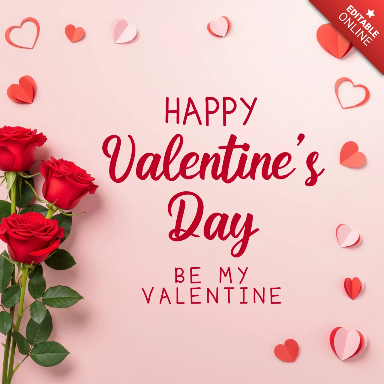 Affiche romantique de la Saint-Valentin avec des roses rouges, des cœurs en papier et un message de Saint-Valentin.