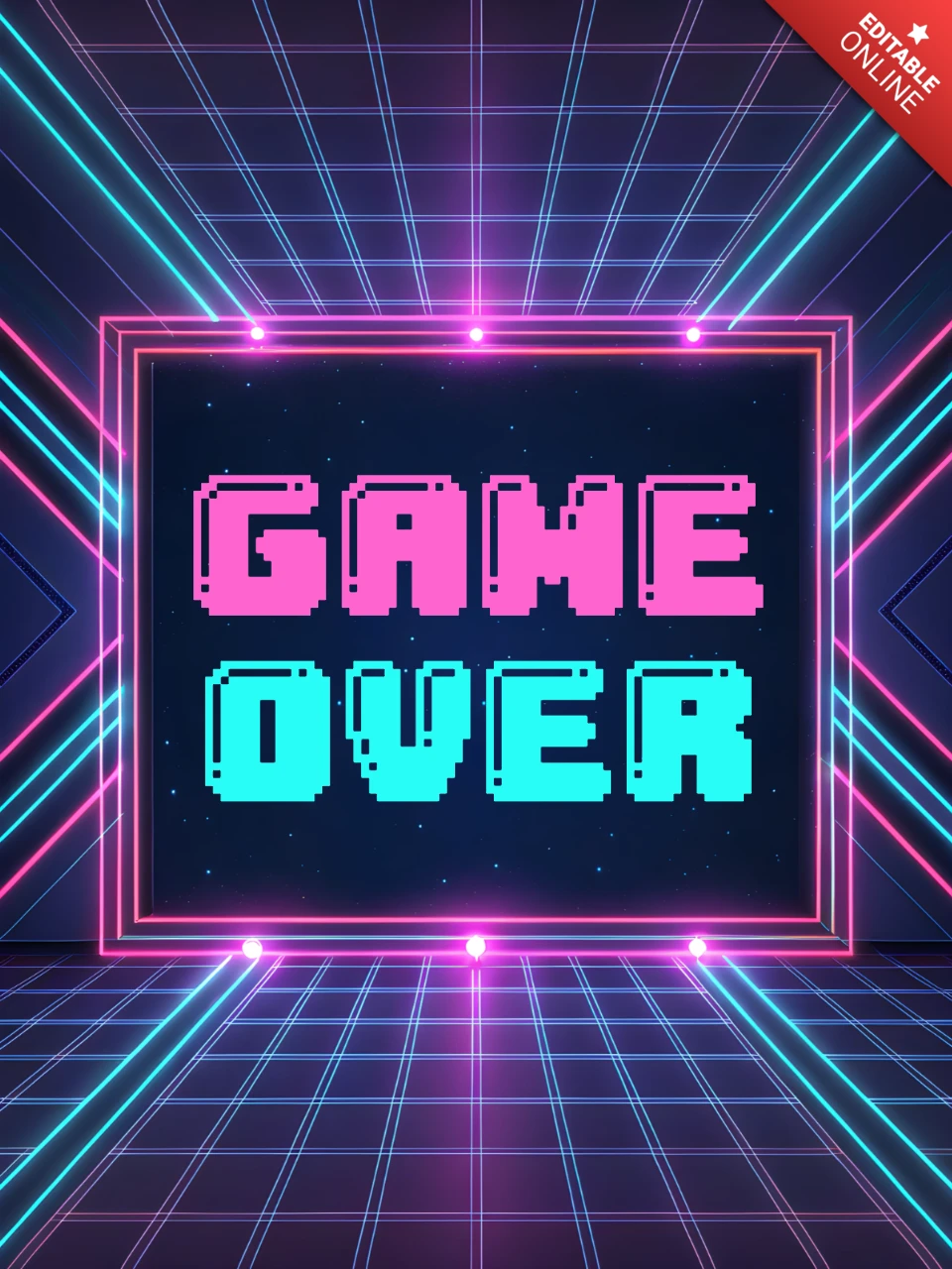 Minimalistische retrowave retro game over glanzend neon ontwerp sjabloon