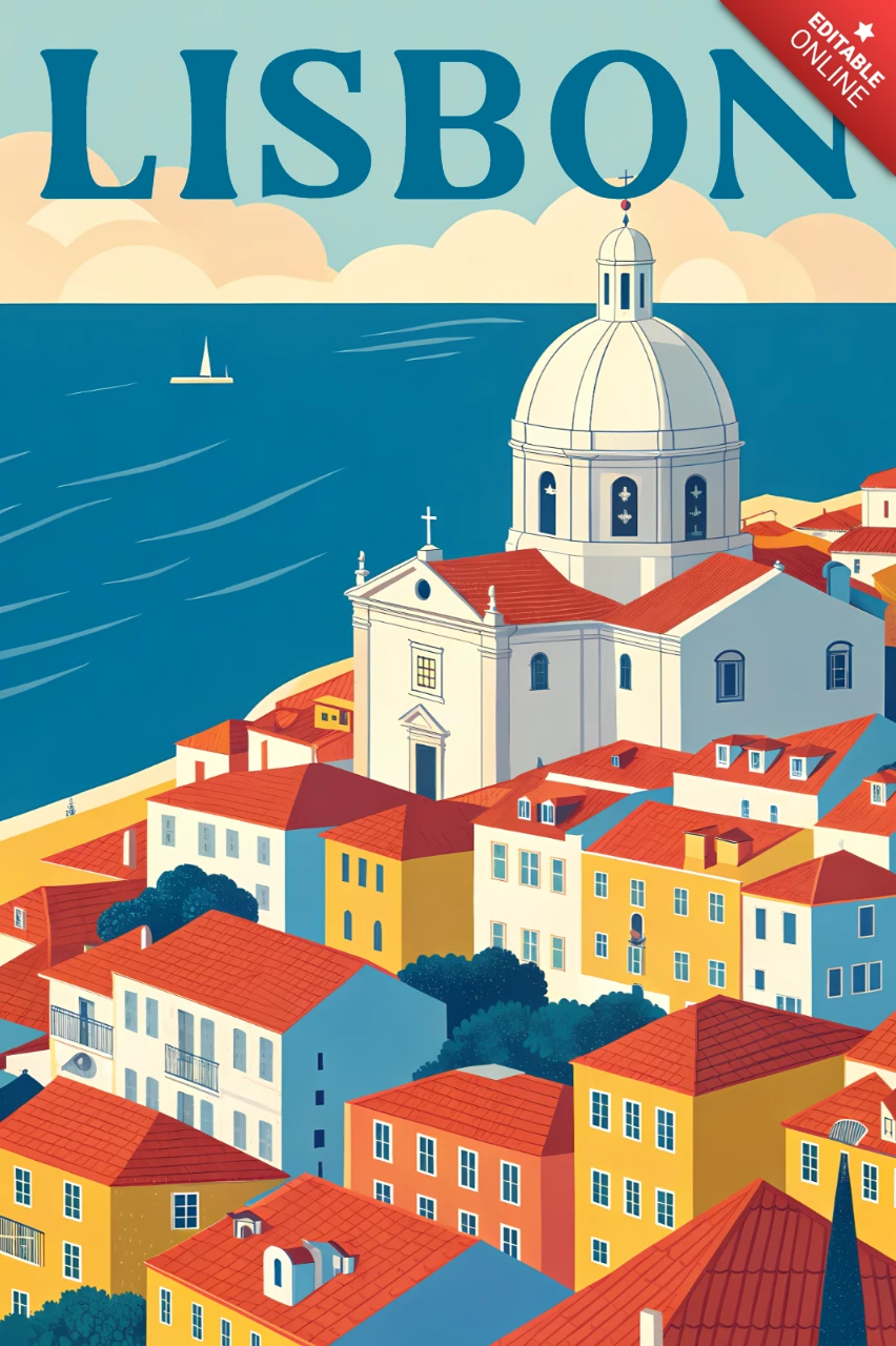 Lisbon Cityscape with National Pantheon for Retro Flat Travel Posters Print Template