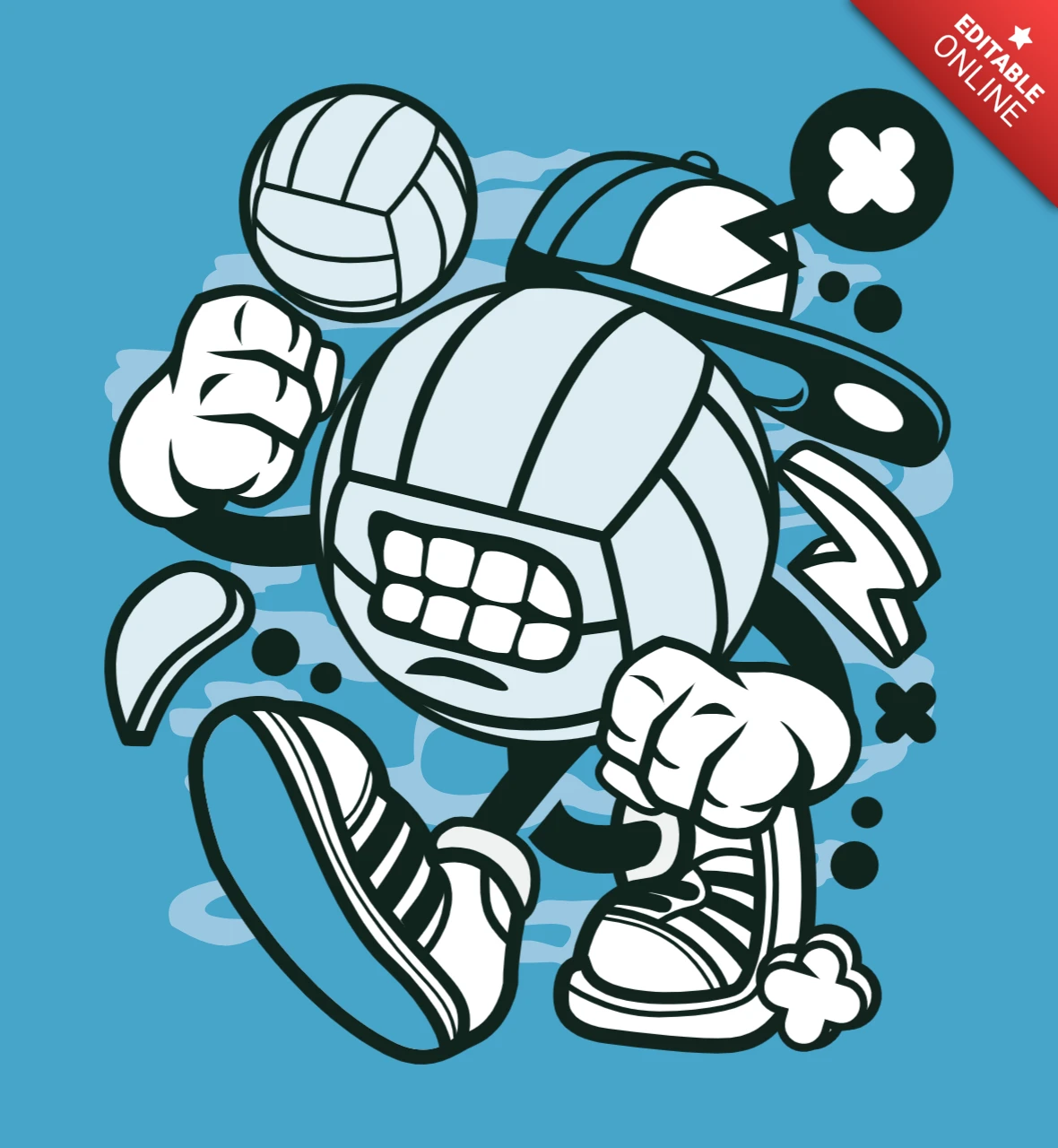 Plantilla de diseño de camiseta con personaje de dibujos animados de voleibol