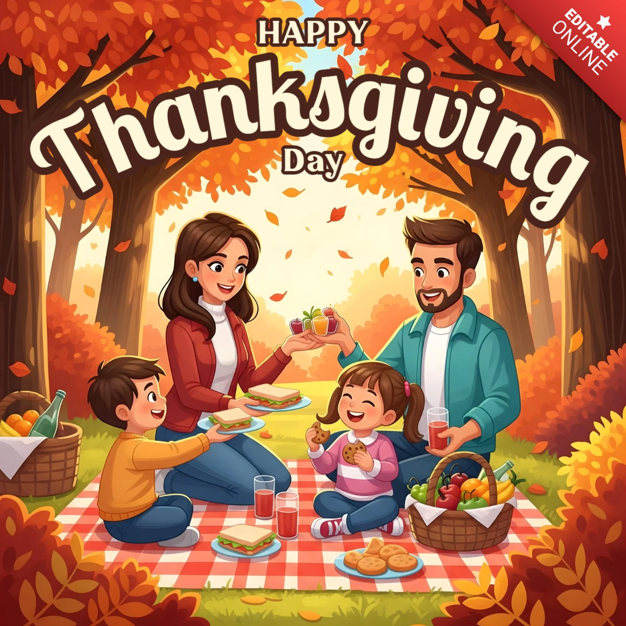 Célébration en plein air avec des enfants, des sandwichs et un modèle de bannière de carte de vœux de Thanksgiving avec feuillage d'automne.