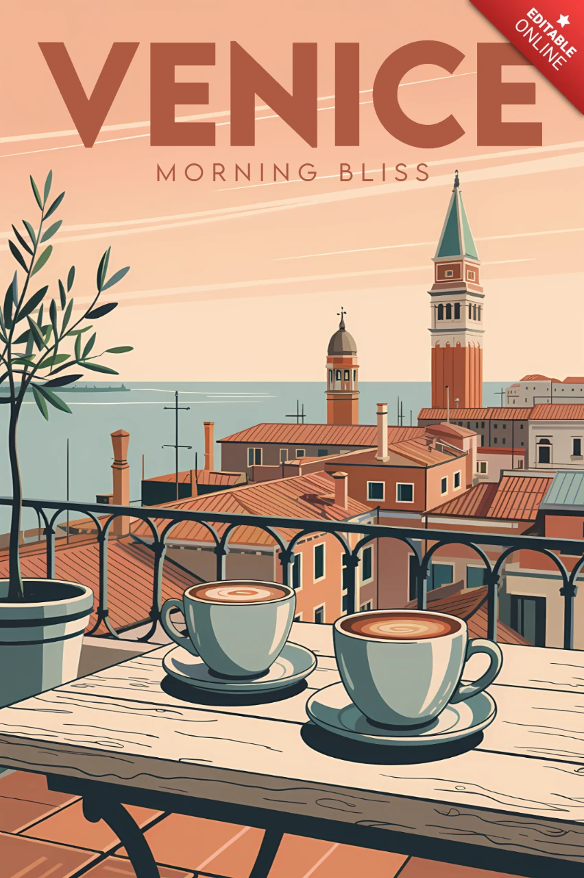Romantic Venice Breakfast Illustration for Retro Flat Travel Posters