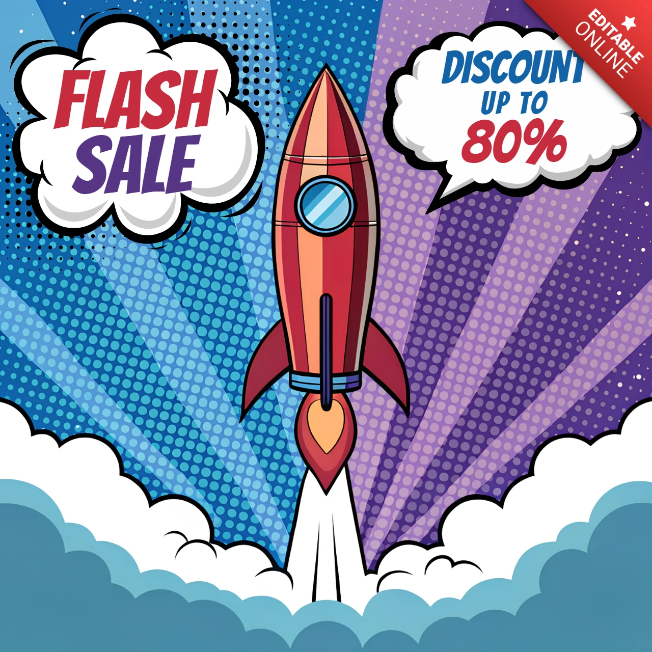 Plantilla de diseño de lanzamiento de cohete de arte pop para promoción de venta flash