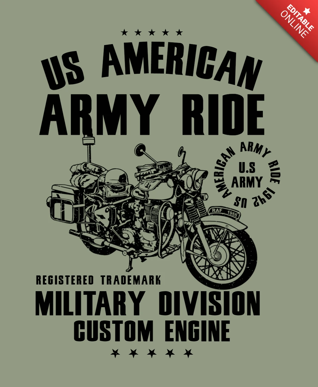 Modelo de design de camiseta vintage de motocicleta do exército americano