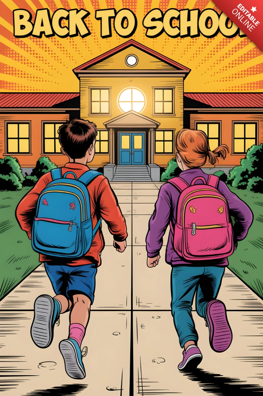 Back to School Students Walking Toward Yellow School Building with Radiant Sky and Backpacks Poster Design Template