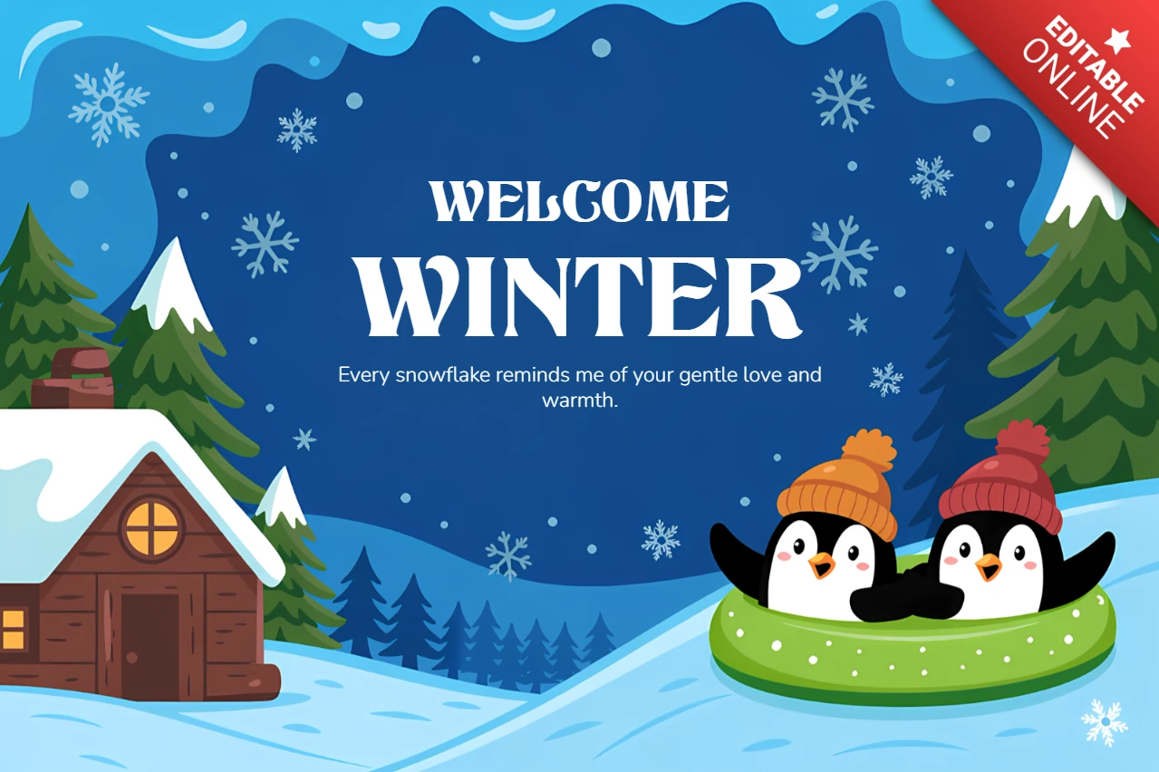 Winter Wonderland Design Template with Penguins for Holiday Greeting Cards