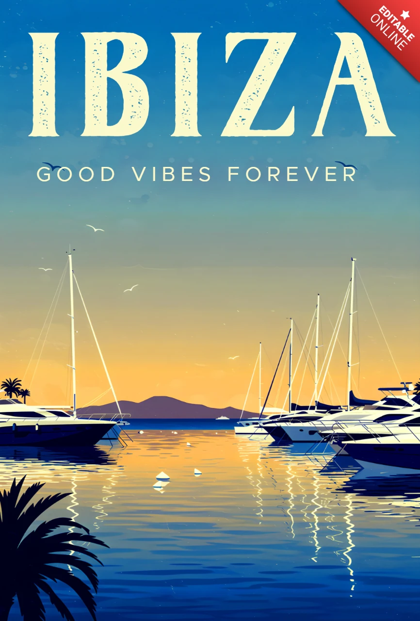 Design rétro de yacht ibiza plat pour affiches de voyage et modèle de souvenirs