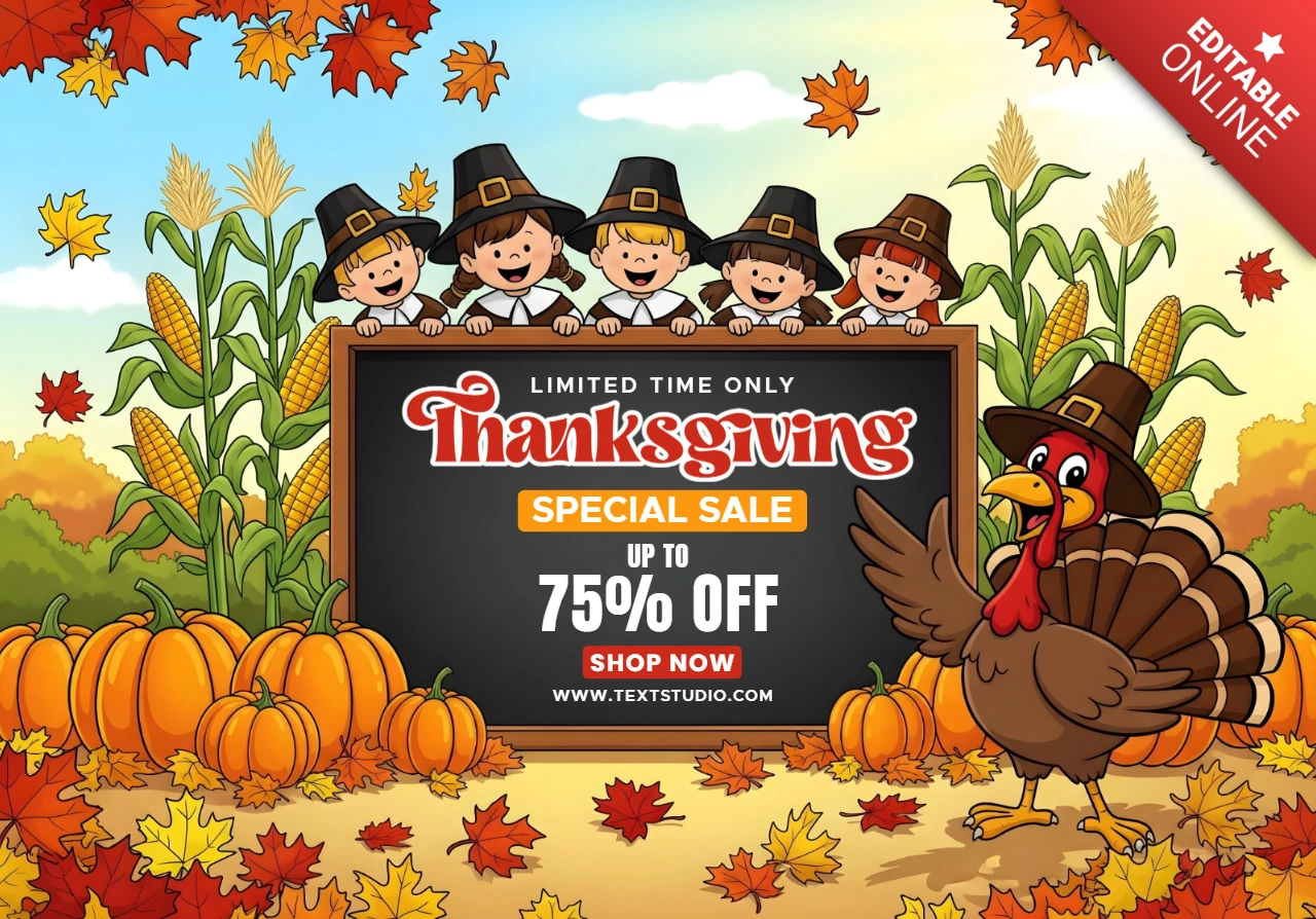 Thanksgiving speciale verkoop pelgrim kinderen & cartoon kalkoen met herfst oogst decor promotionele banner ontwerp sjabloon