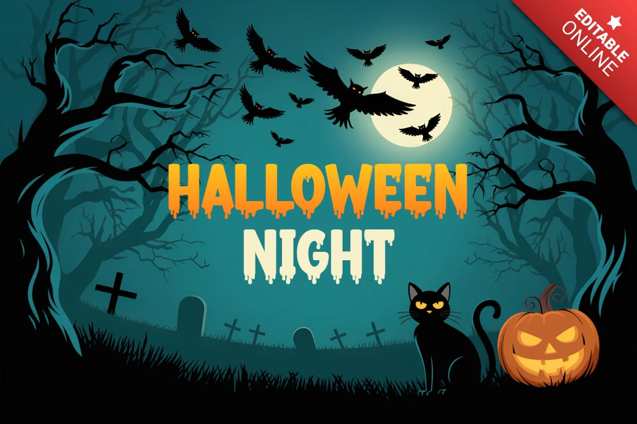 Template de design para pôsteres de noite de Halloween assustadora com gatos e abóboras.