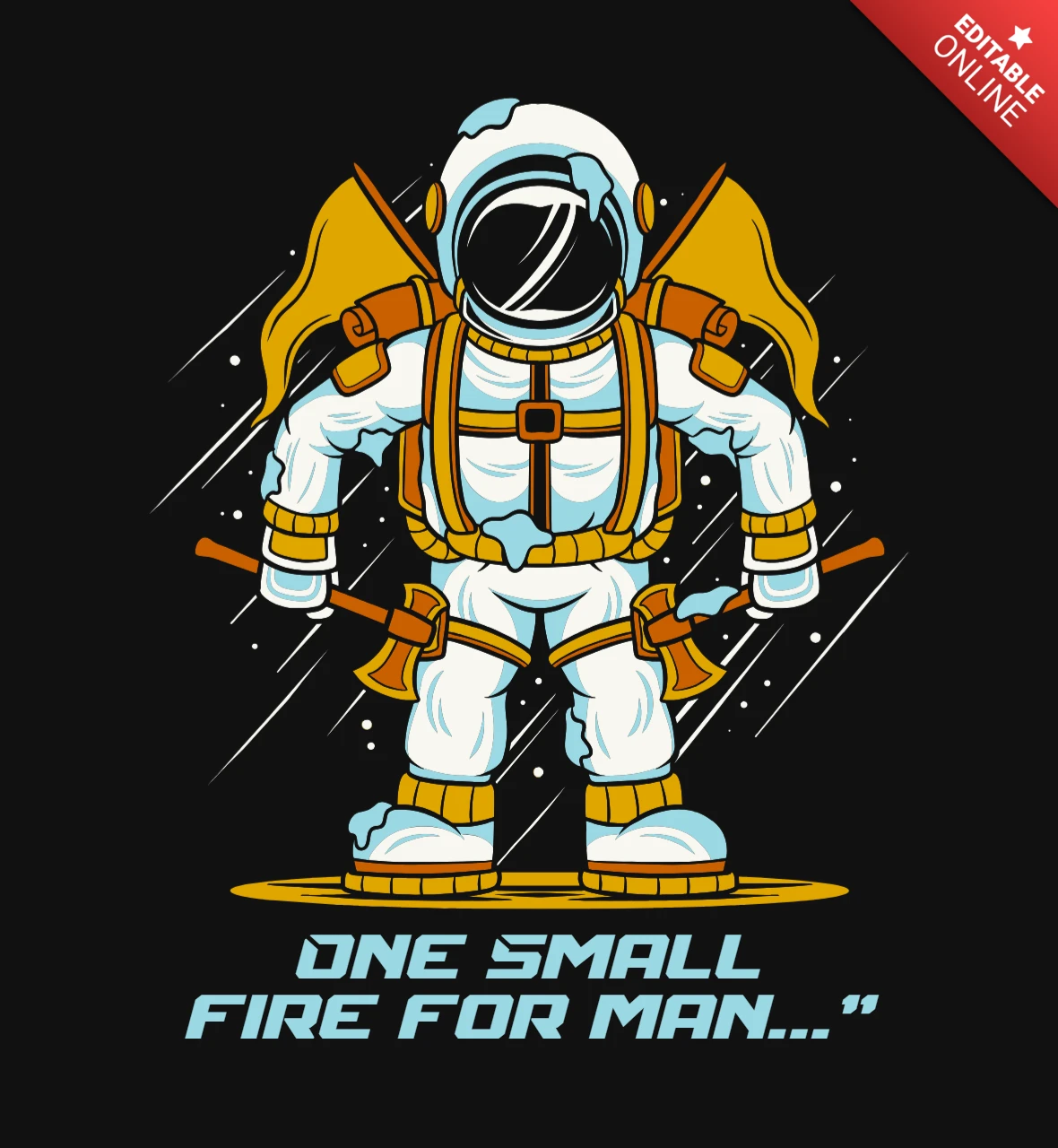 Eén klein vuur voor man astronaut met bijlen, engelenvleugels & kosmische grit t-shirt ontwerp sjabloon