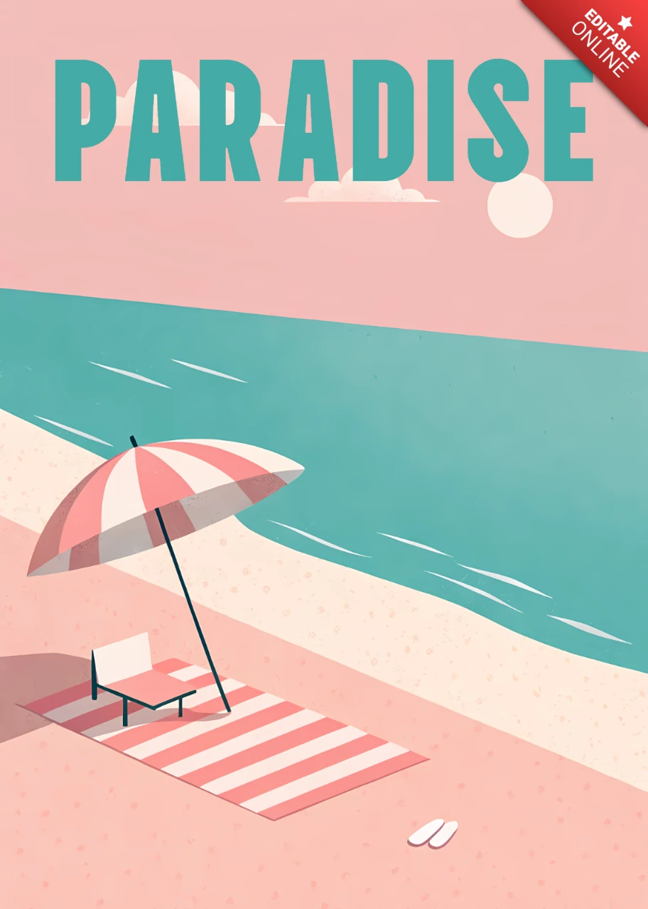 Pink Paradise Beach with Retro Flat Design Template for Summer Poster