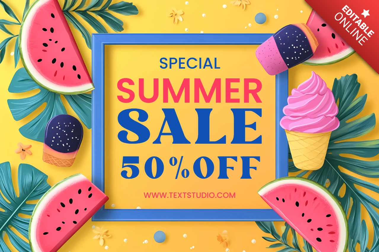 Vibrant Summer Sale Template Design with Watermelon and Ice Cream Elements