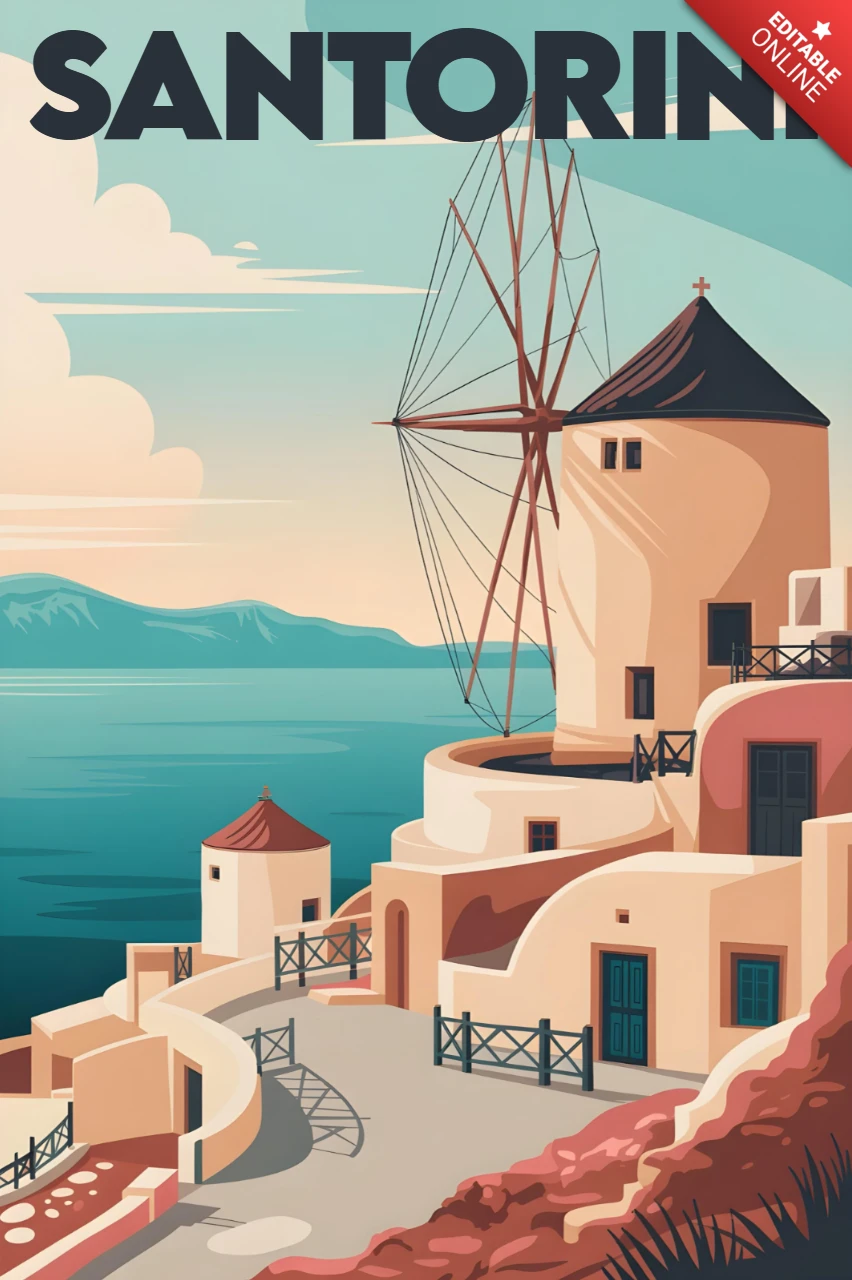 Moinho de vento na encosta com edifícios brancos e vista para o mar, modelo de pôsteres de viagem de Santorini.