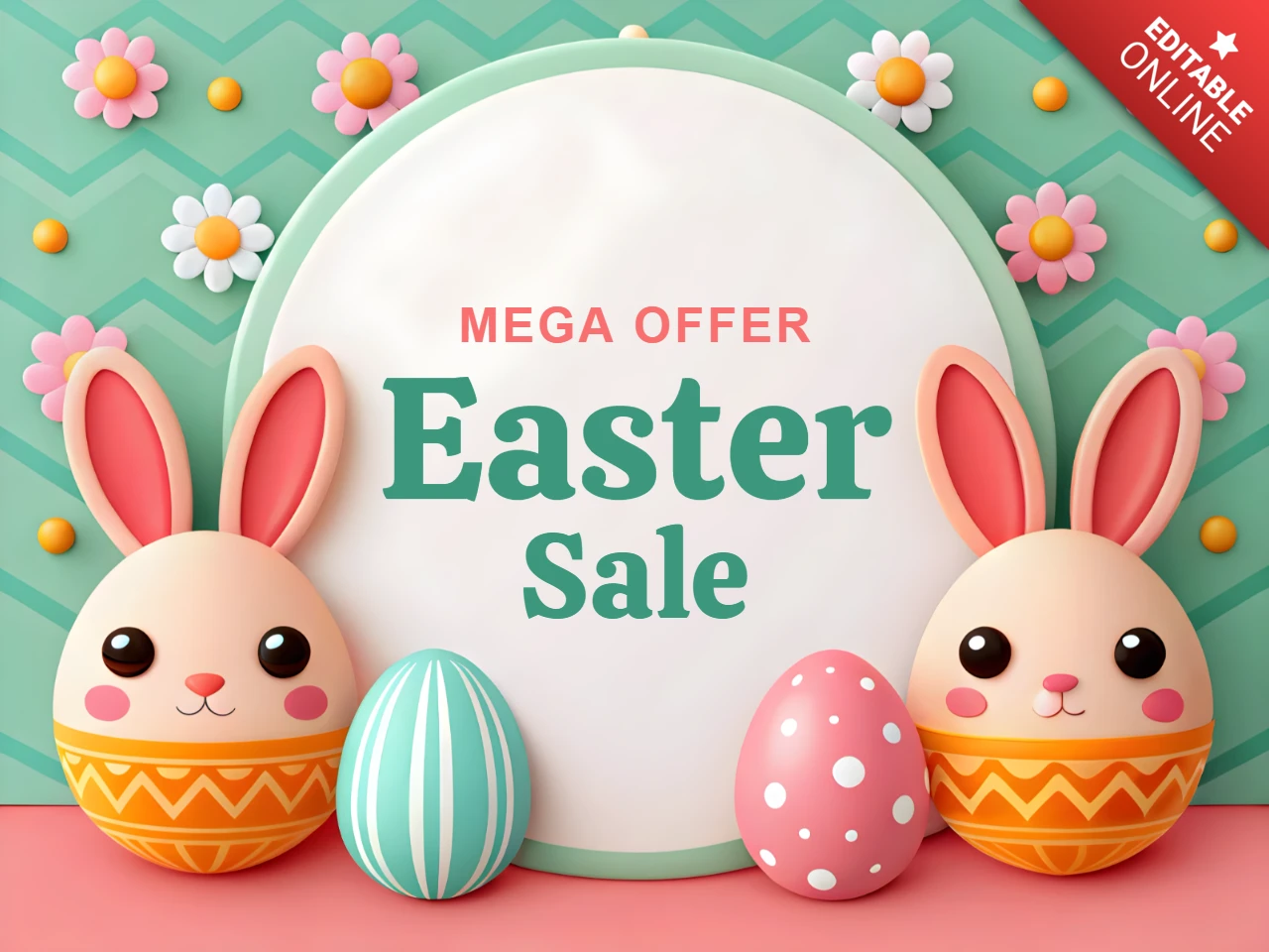 Juguetona plantilla de diseño de venta de Pascua con simpáticos gráficos de conejitos y huevos