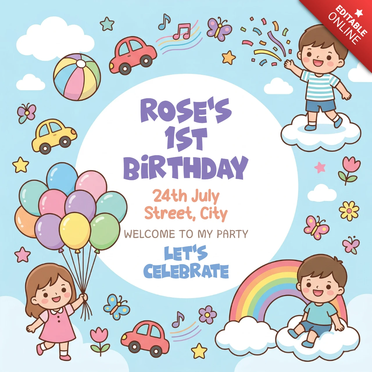Birthday Greeting Invitation Poster Light Blue Background with Balloons, Rainbow, Children, and Festive Party Theme