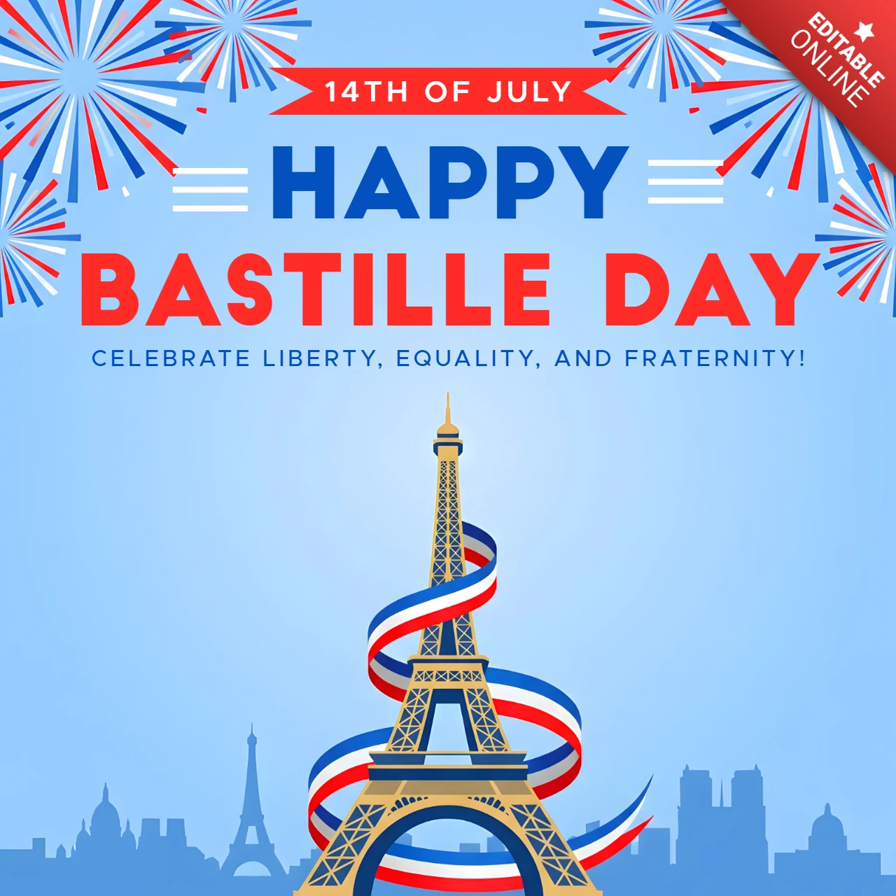 Carte de vœux pour le 14 juillet avec la tour Eiffel, des feux d'artifice et un ruban tricolore français.