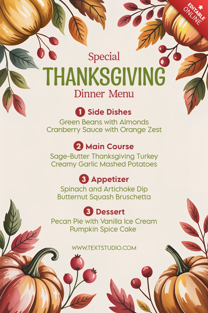 Thanksgiving Dinner Menu Template with Rustic Pumpkin Design for Festive Events