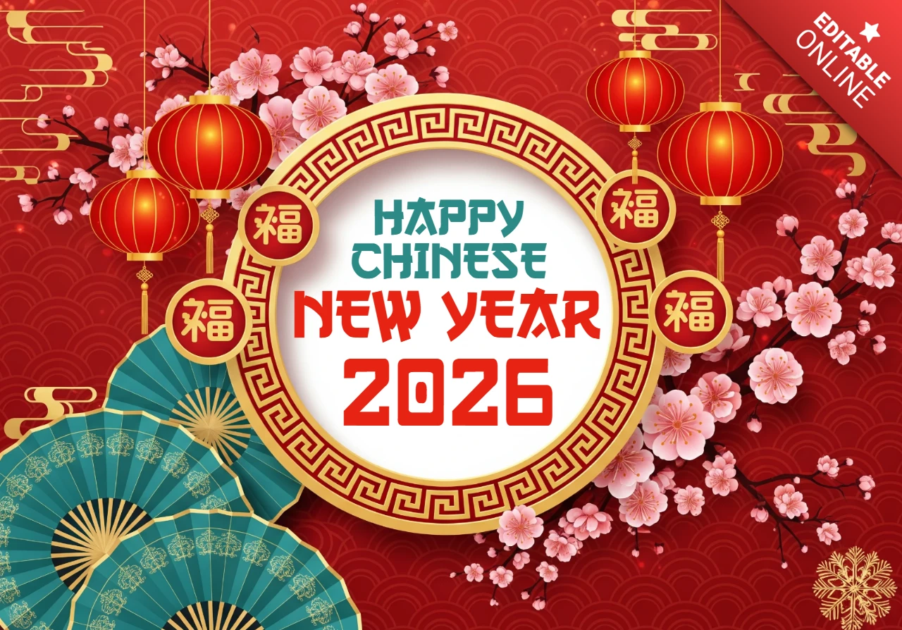 Chinesisches Neujahr 2026 Karte mit opulentem roten Thema, kreisförmigem Emblem, Laternen und türkis-goldenen dekorativen Fächern