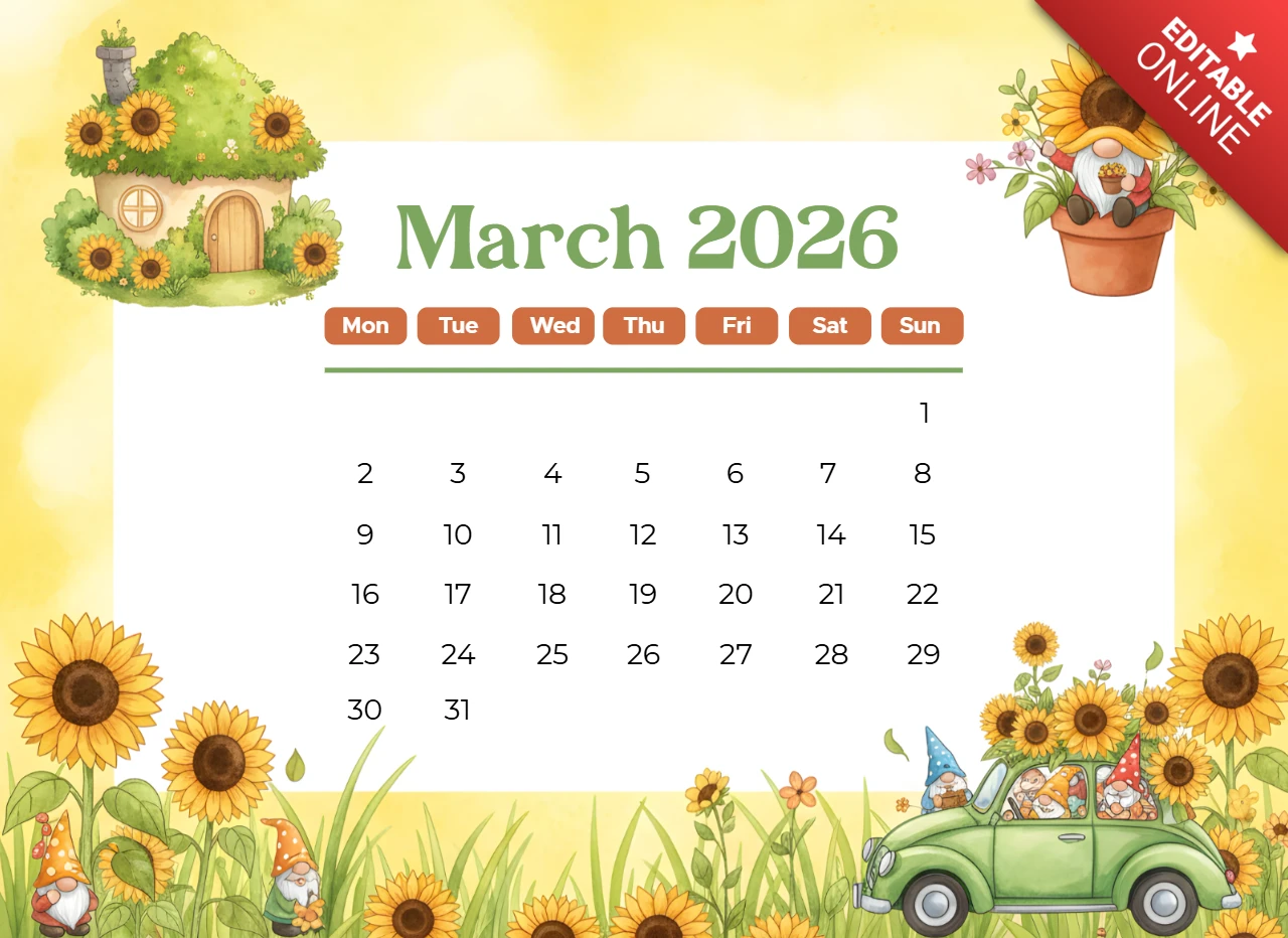 Calendário impresso de março de 2026 com ilustrações decorativas de girassóis e gnomos