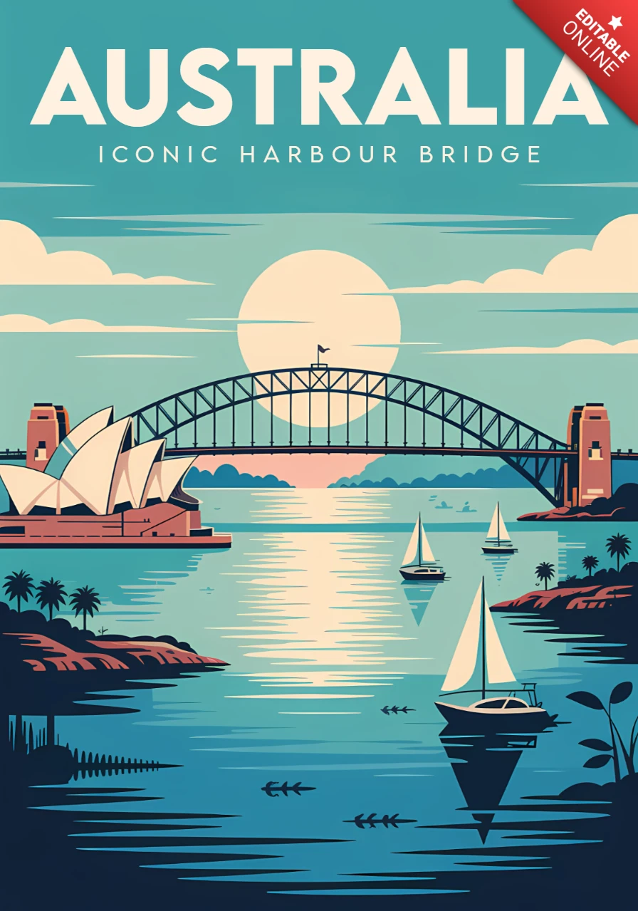 Template de design retro da Austrália apresentando a icônica ponte da baía para pôsteres de viagem.