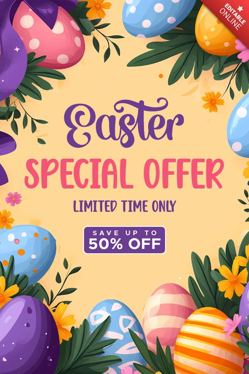 Easter Sale Design Template: Colorful Floral and Egg Art Style Brochure