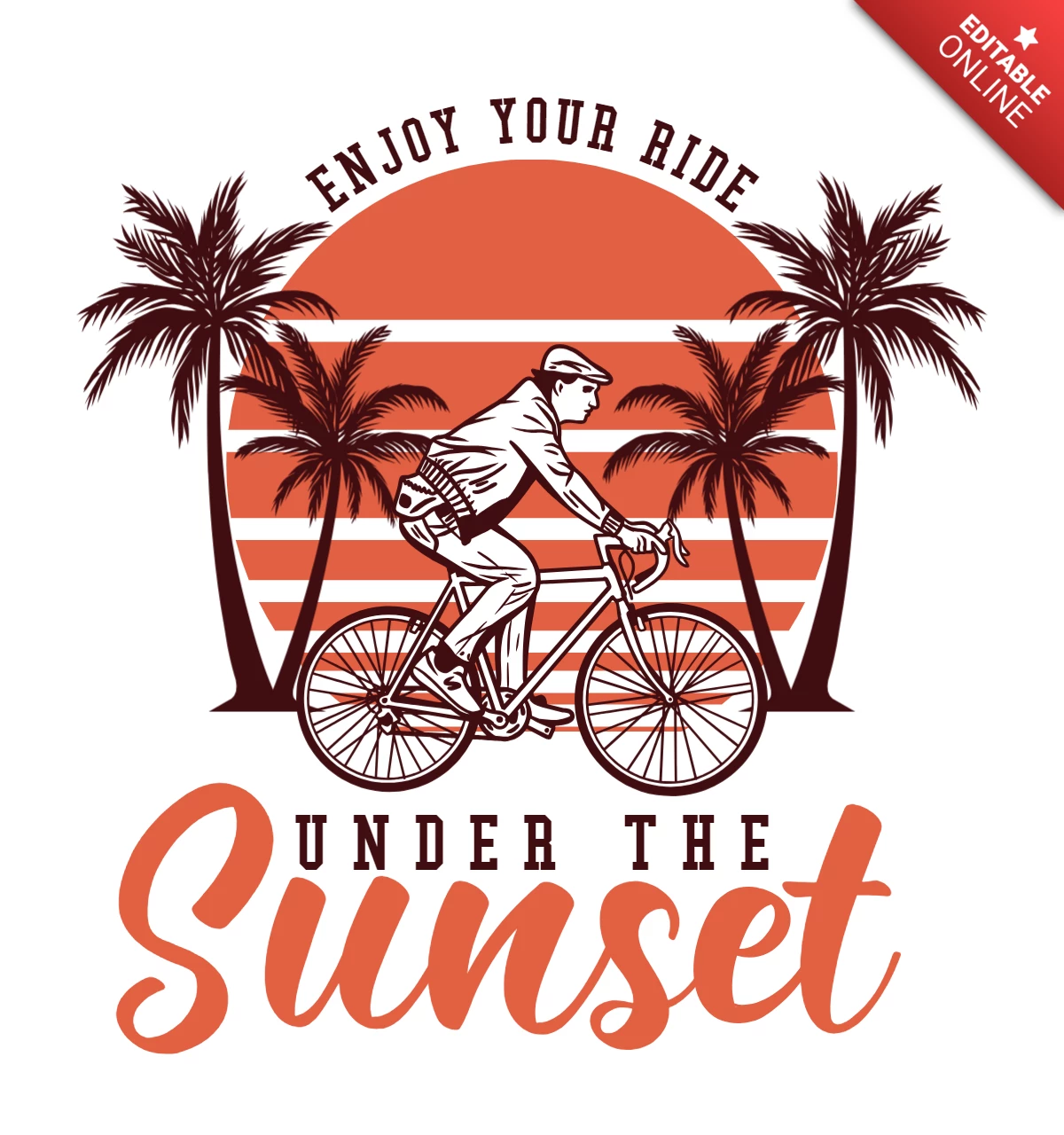 Homem andando de bicicleta no modelo de design de camiseta vintage ao pôr do sol