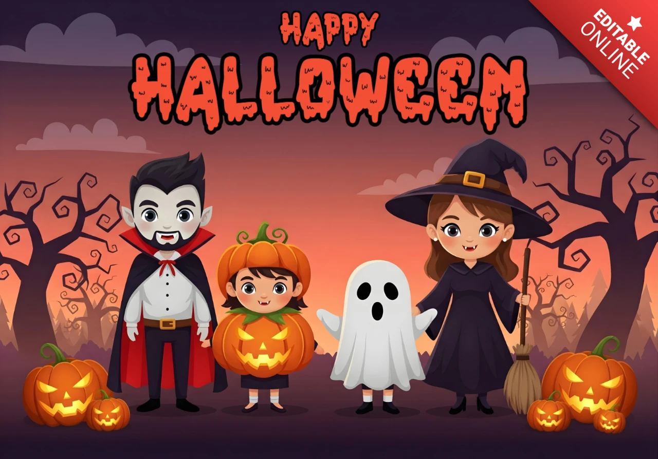 ハッピーハロウィン 子供たち 吸血鬼、幽霊、魔女、かぼちゃのコスチュームと不気味な木の背景デザインテンプレート フェスティブフライヤー用