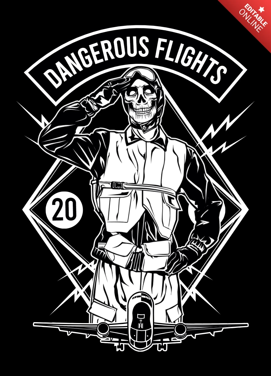 Diseño de camiseta art déco con esqueleto de vuelos peligrosos