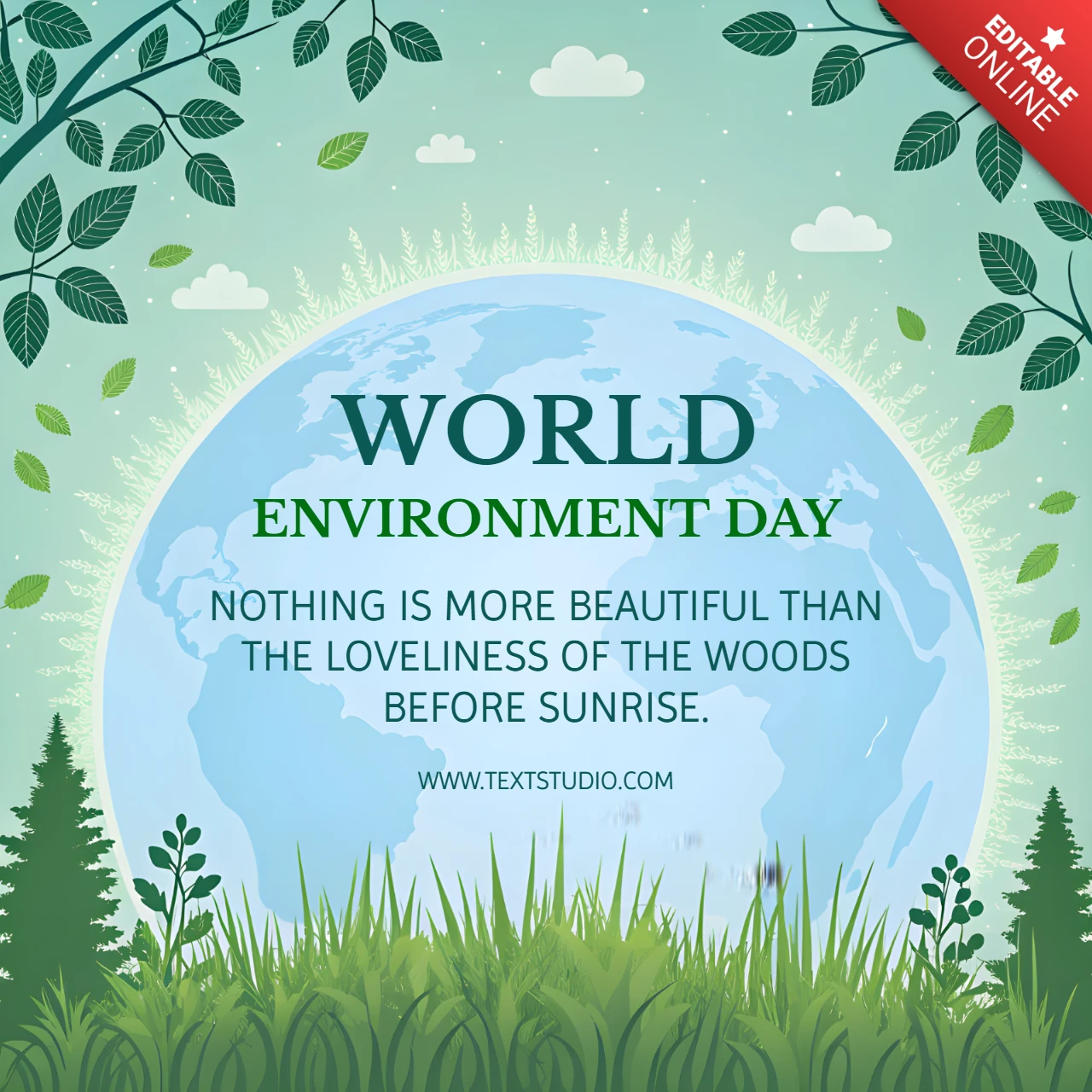 Diseño de plantilla del Día Mundial del Medio Ambiente inspirado en la naturaleza con cita de concienciación.
