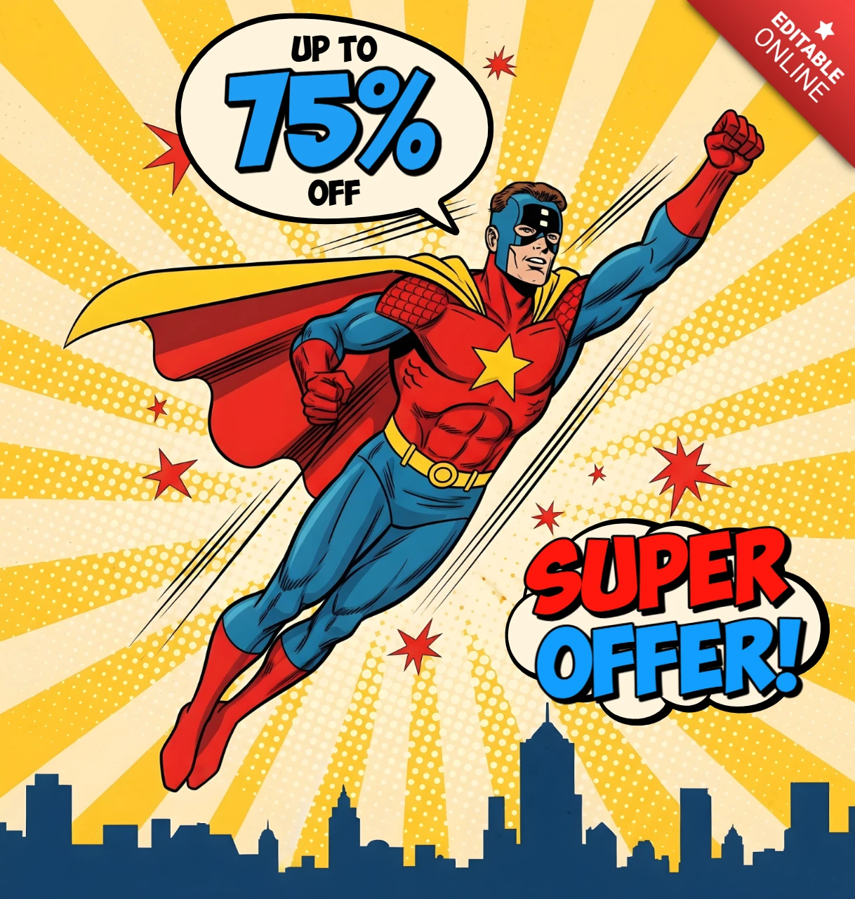 City Sky Superhero Comic Style Super Offer Art with Yellow Star Design Template for Promotional Flyers
