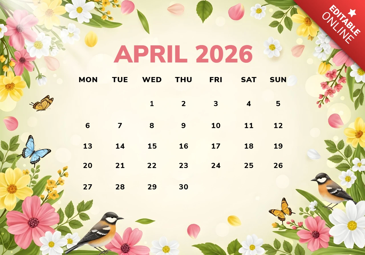 Calendario poster de abril de 2026 con tema de flores rosas, amarillas y blancas, mariposas, pájaros y borde floral decorativo.