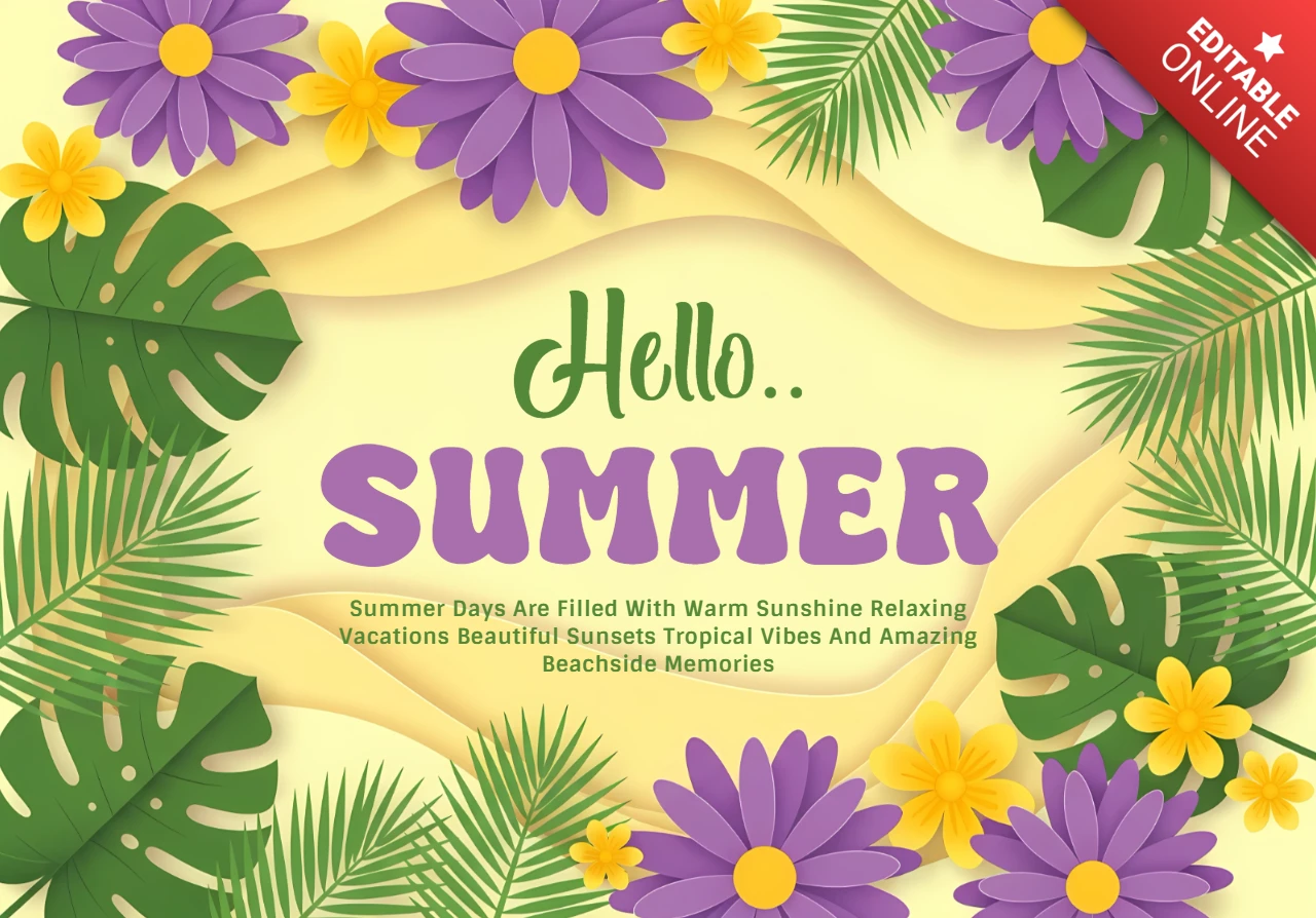 Tropisches Sommerdesign mit lila Blumen Urlaubsgrußkartenvorlage